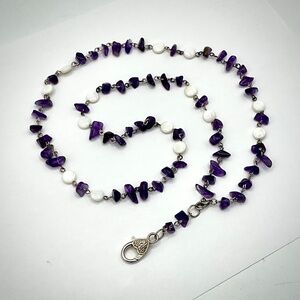 LANYARD NECKLACE Amethyst Chip Beads and Mother of Pearl Beads  30”
